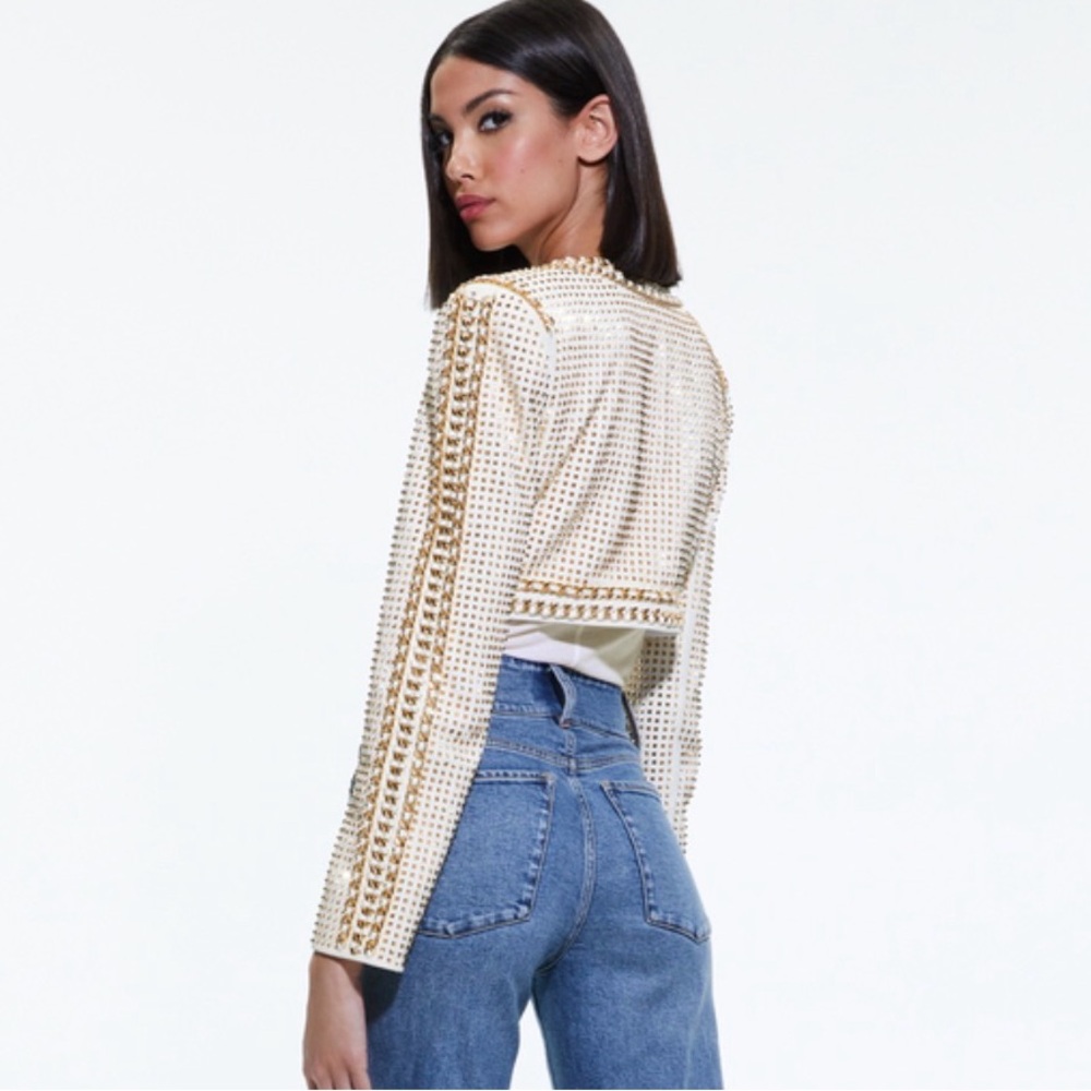 Alice + Olivia MAIRA Cropped Leather Jacket with Chain Trim - Picture 3 of 10